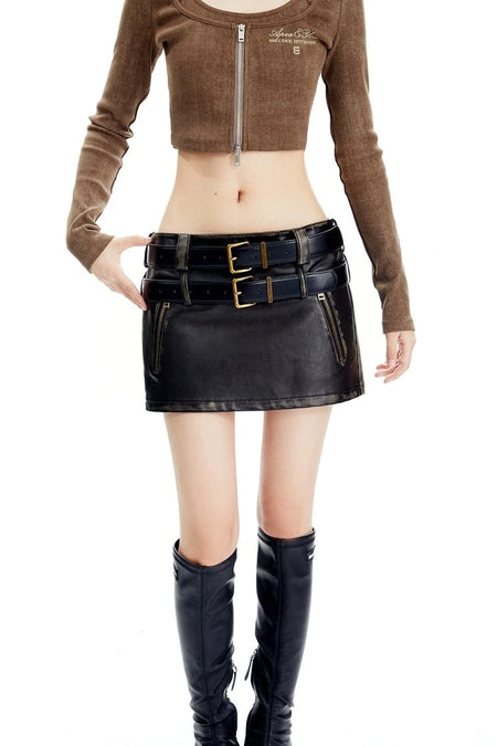 Double-Belted Faded Faux Leather Mini Skirt - nightcity clothing