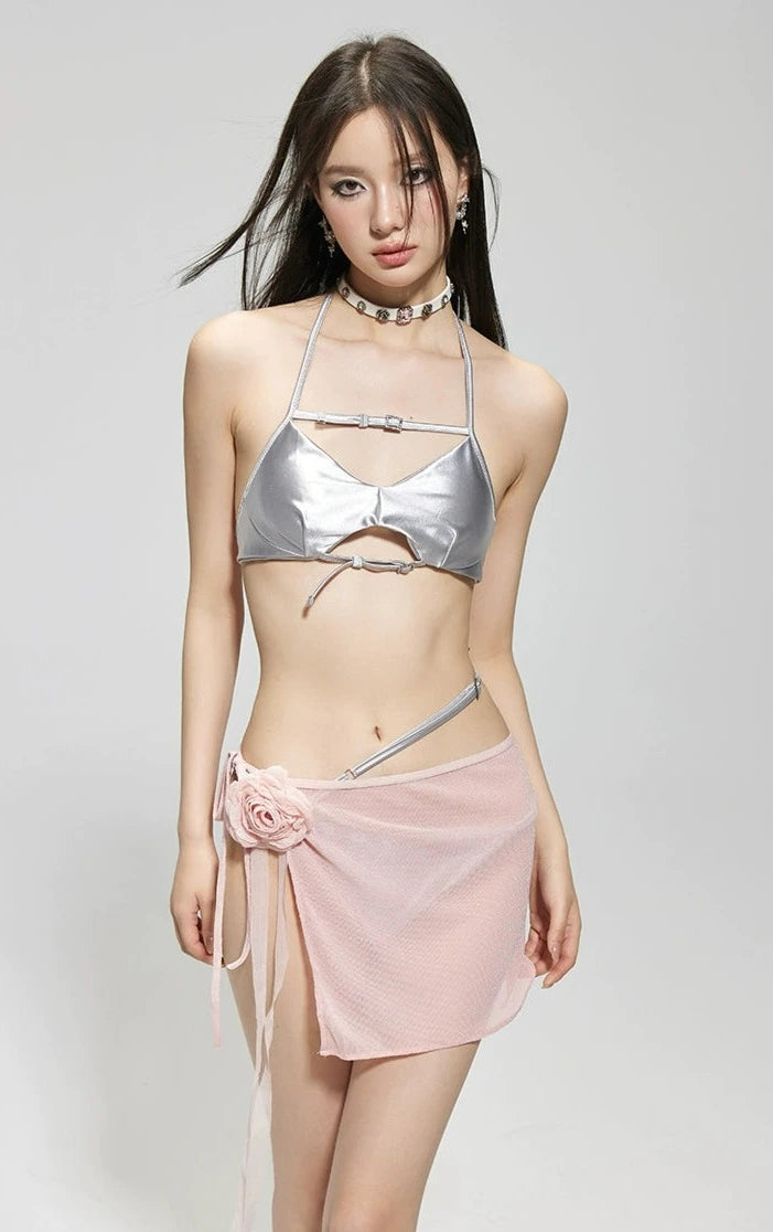 Metallic Halter Top Bikini with Sheer Sarong