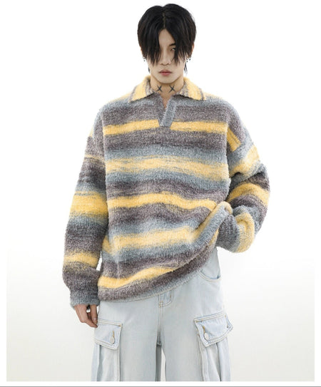 Plush Striped Open Collar Fuzzy Pullover