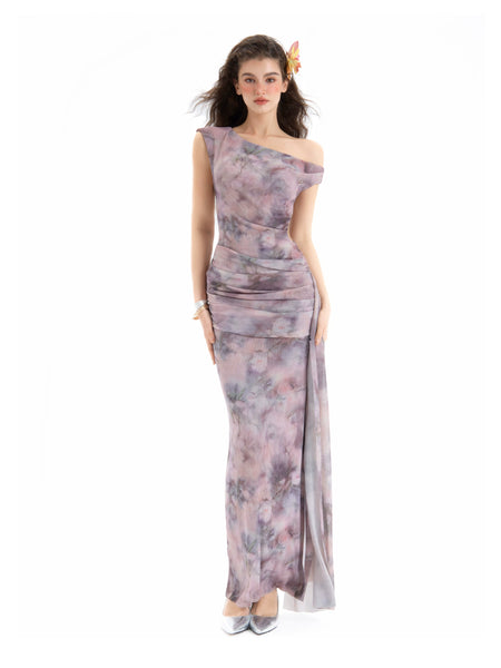 One Shoulder Watercolor Print Draped Maxi Dress