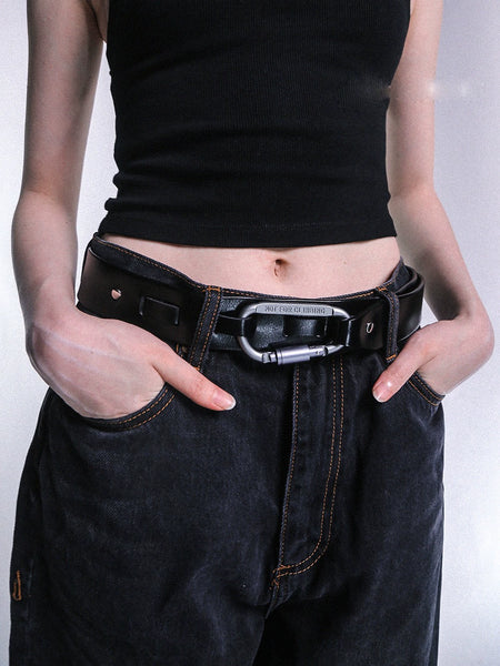 Faux Leather Belt with Metal Buckle and Carabiner Loop - nightcity clothing