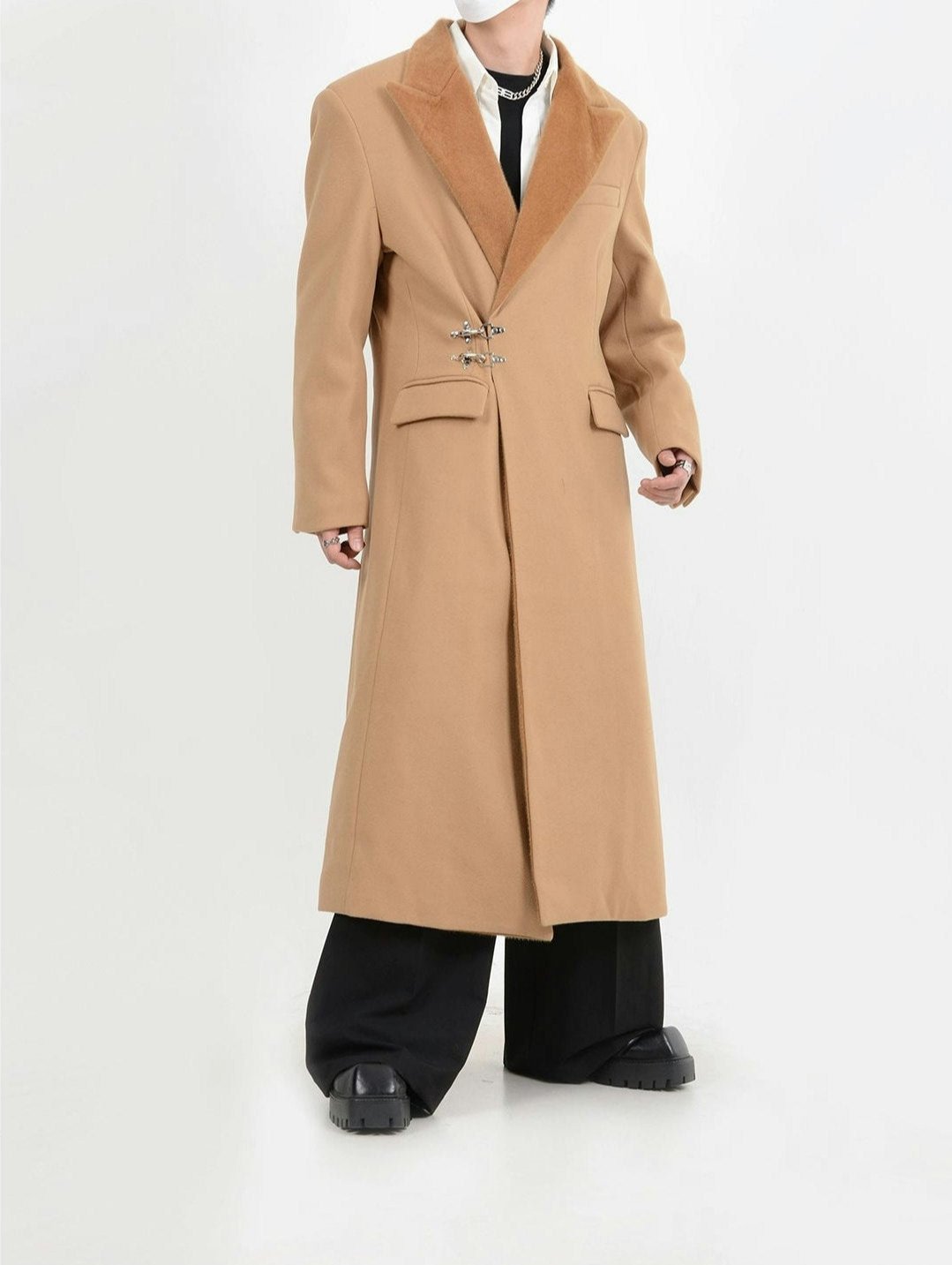 Oversized Velvet Lapel Long Coat with Metal Buckles