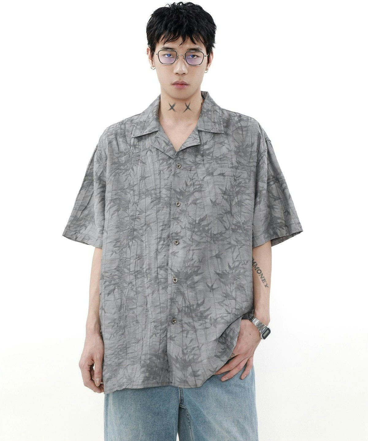 Leaves Pattern Short Sleeve Button-Up Shirt