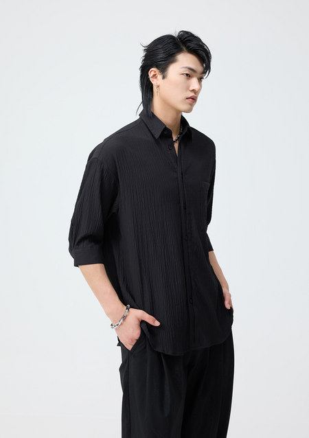 Crinkle Oversized Cropped-Sleeve Button-Up Shirt