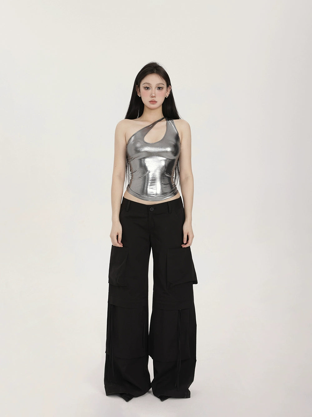 Metallic Asymmetric Cut-Out Halter Neck Crop Top