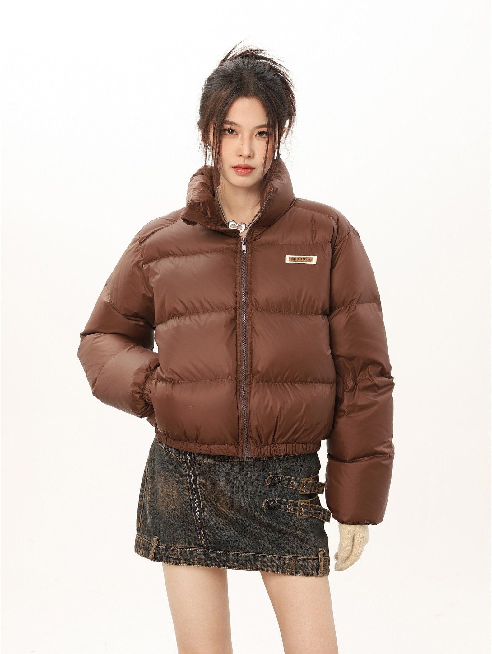 Slim Mid-Crop Puffer Jacket with High Collar