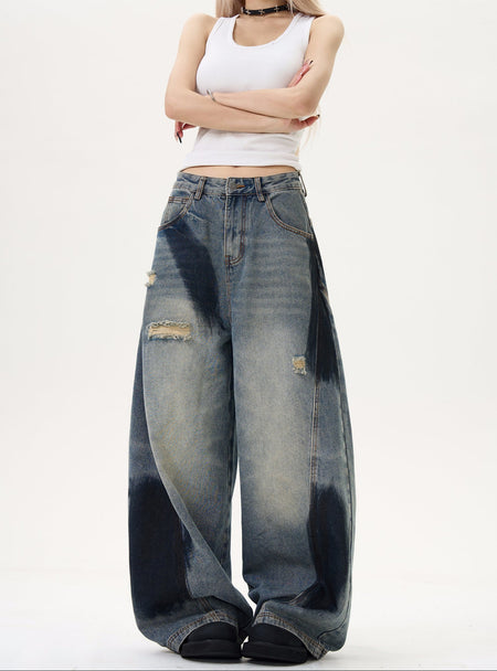 Wide Leg Distressed Denim Pants with Bleach Wash Details - nightcity clothing