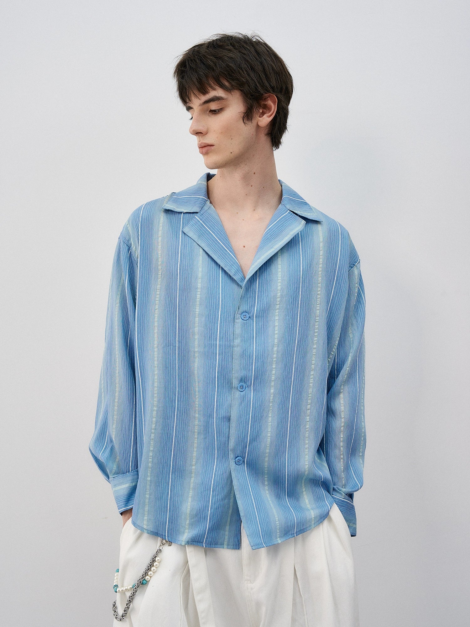 Abstract Stripe Camp Collar Long Sleeve Button Shirt