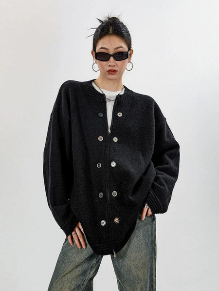 Ribbed Trim Zip-up Cardigan with Button Details - nightcity clothing