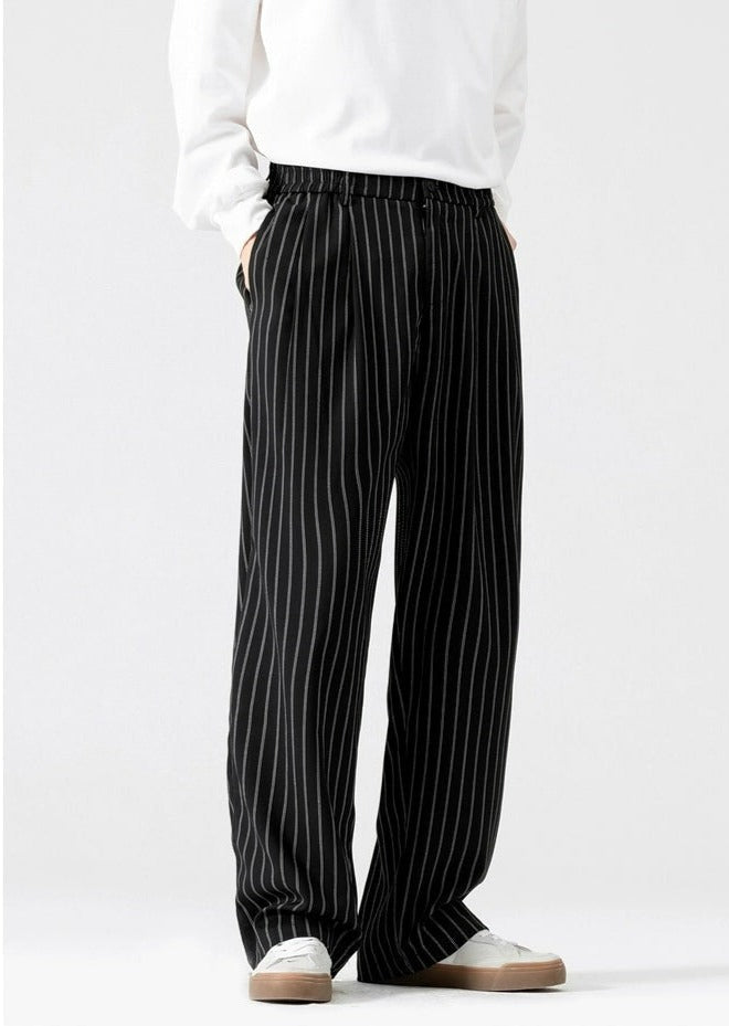 Striped Staight-Leg Elastic Waist Trousers