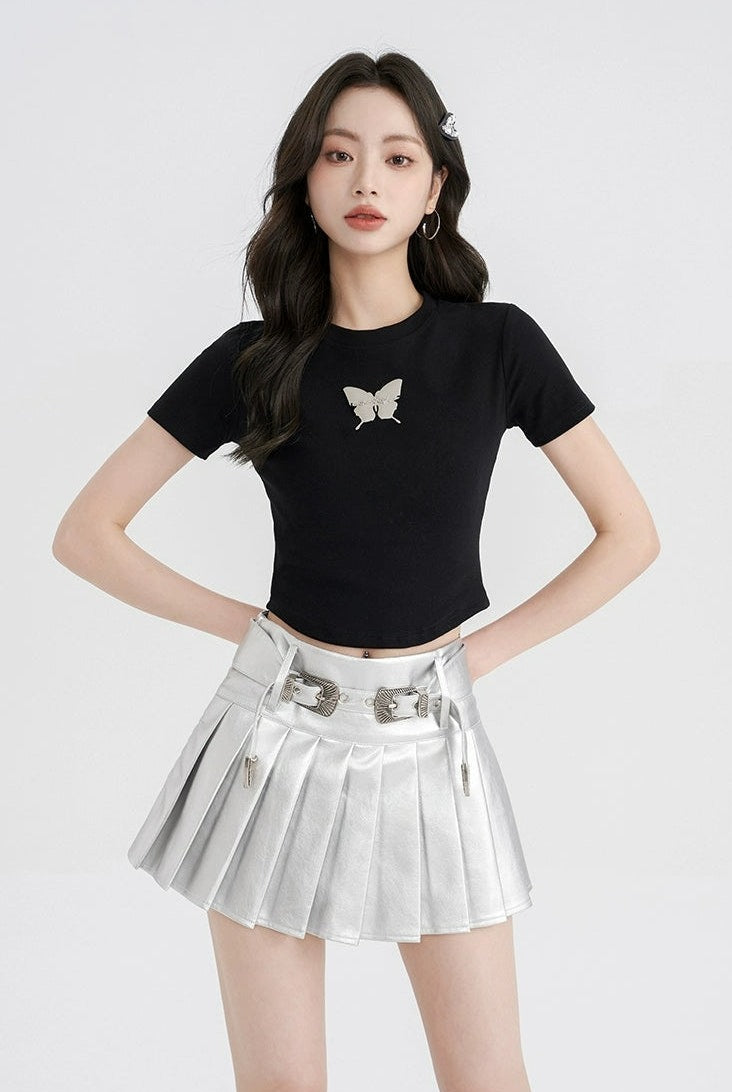 Metallic Pleated Mini Skirt with Buckle Details