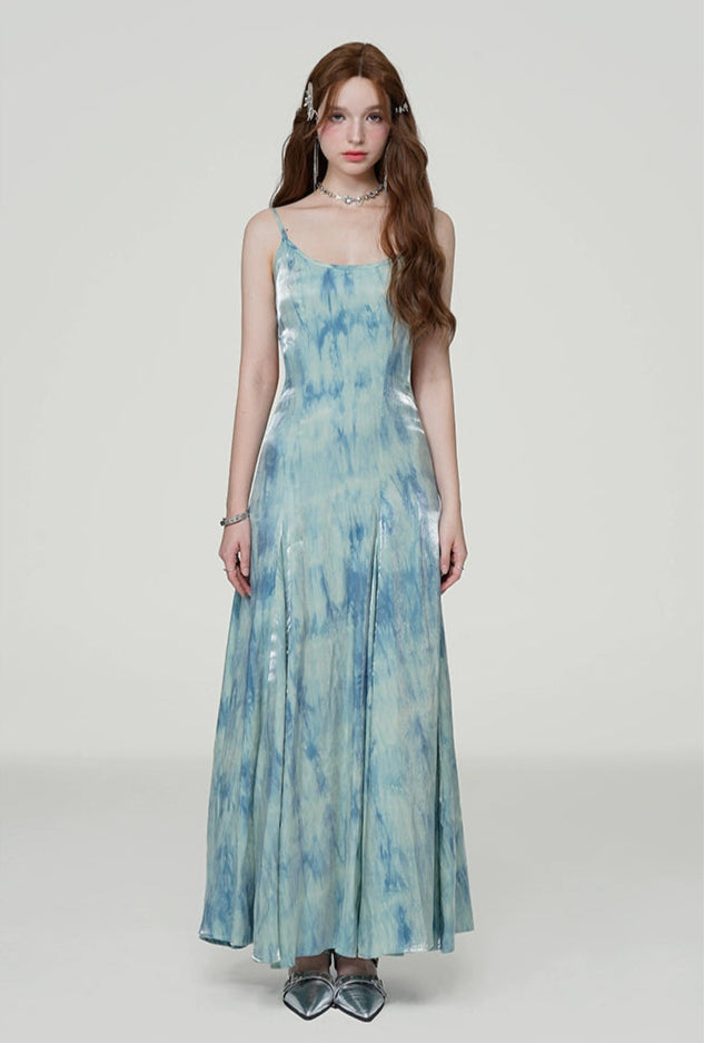 Iridescent Tie-Dye Spaghetti Strap Flared Maxi Dress