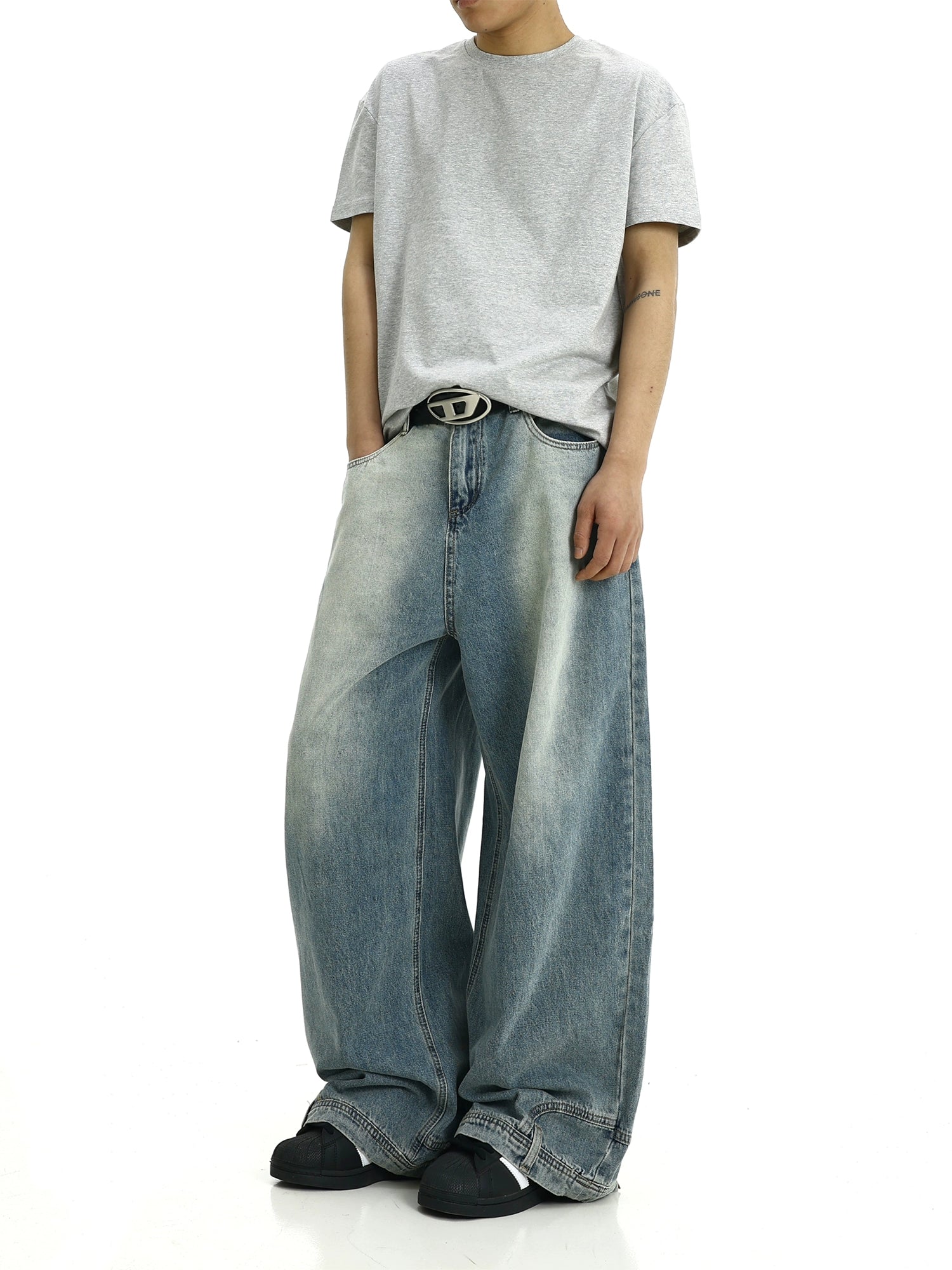 Faded Wide-Leg Upside-Down Effect Bootcut Jeans