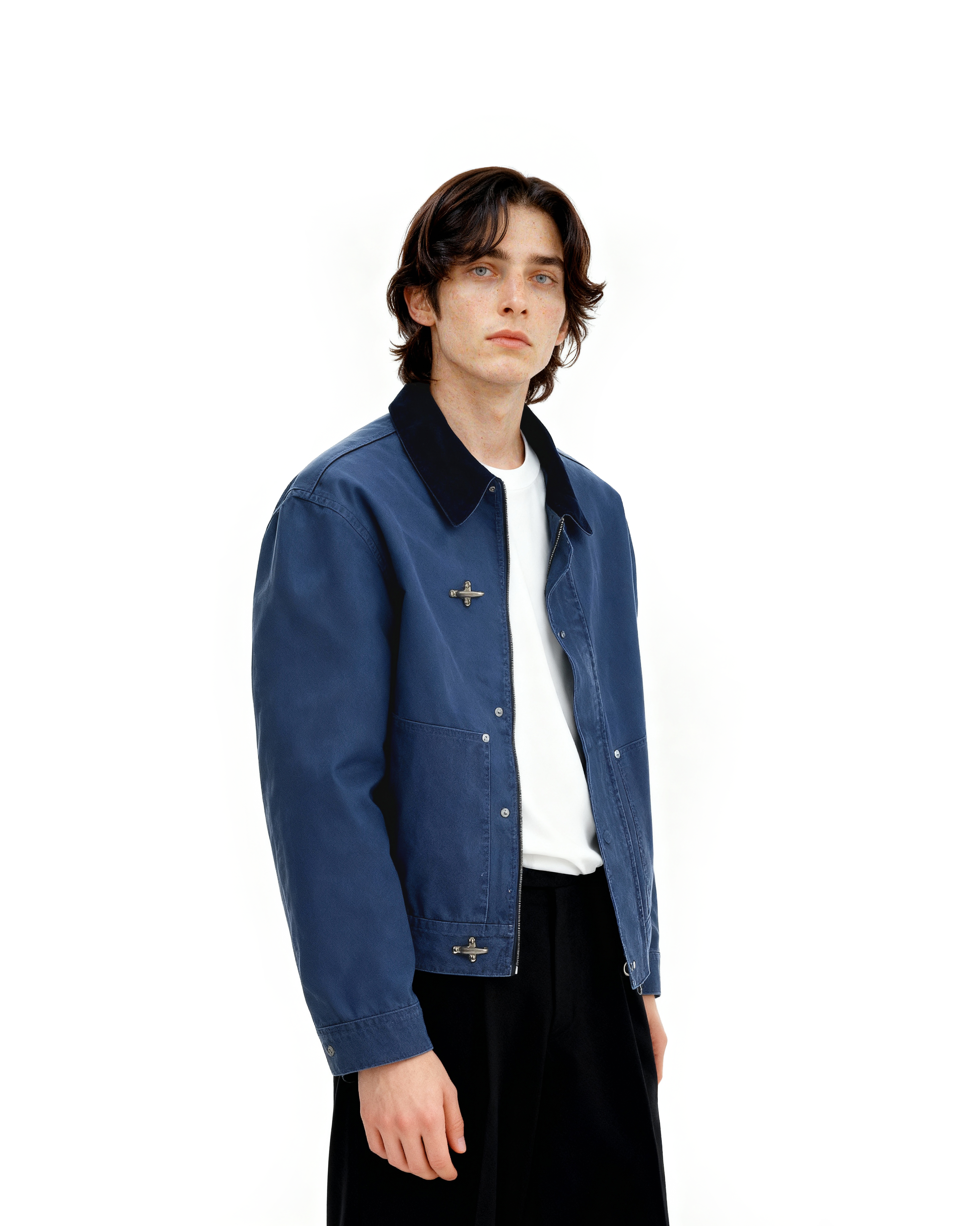 Structured Fireman Buckle Denim Jacket with Contrast Corduroy Collar