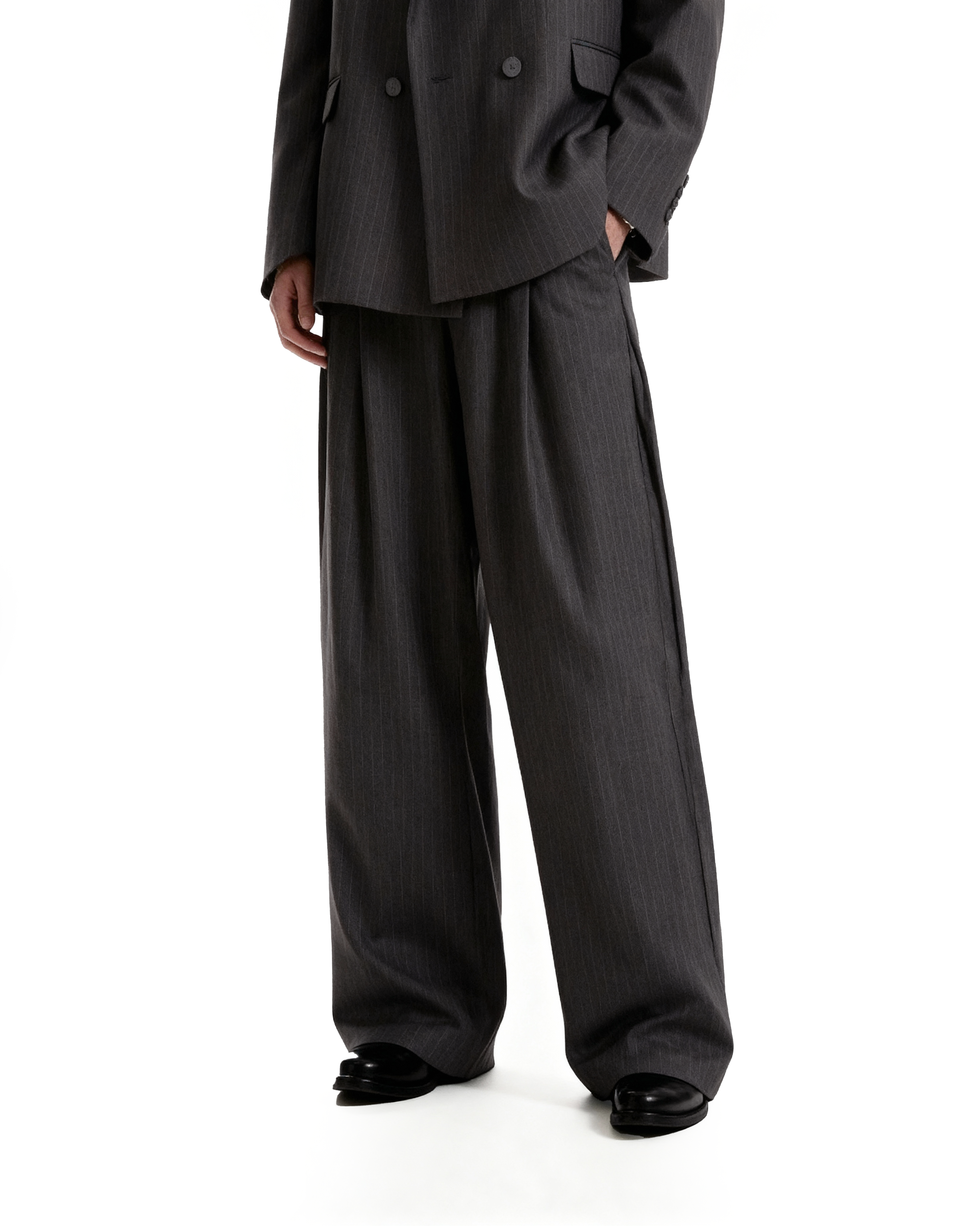 Boxy Double-Breasted Pinstripe Blazer and Wide Leg Pleated Pants Two-Piece Set - nightcity clothing