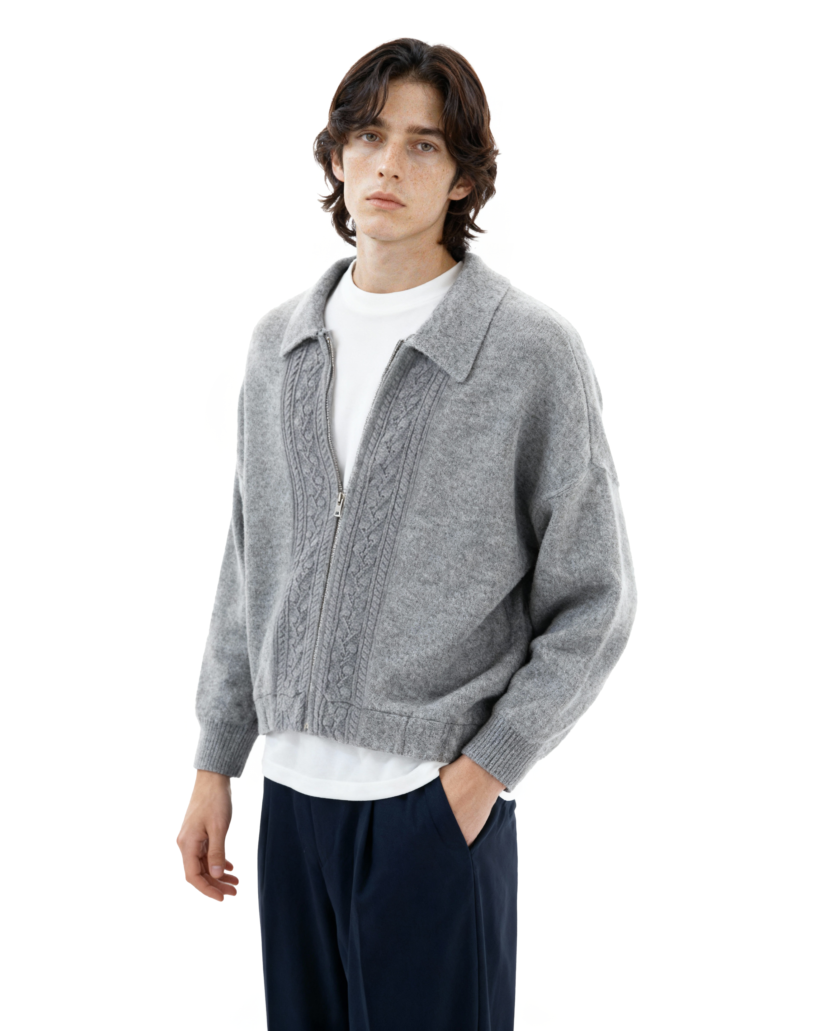 Cable Knit Mid-Crop Zip Cardigan Jacket