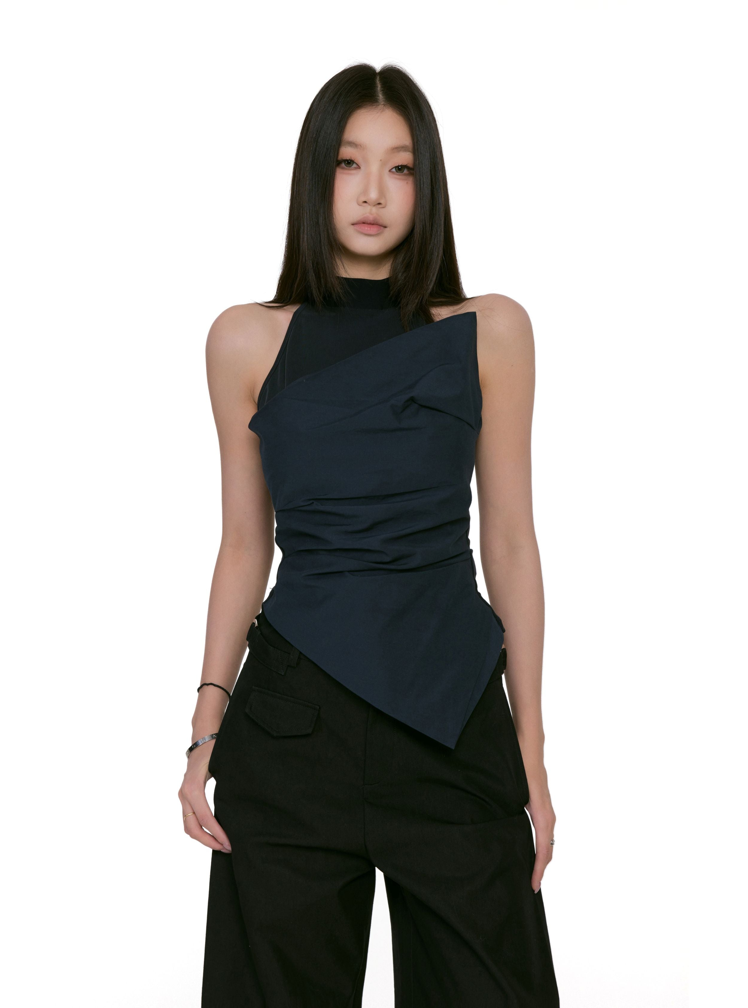 Asymmetric Draped Halter Top with Structured Overlay