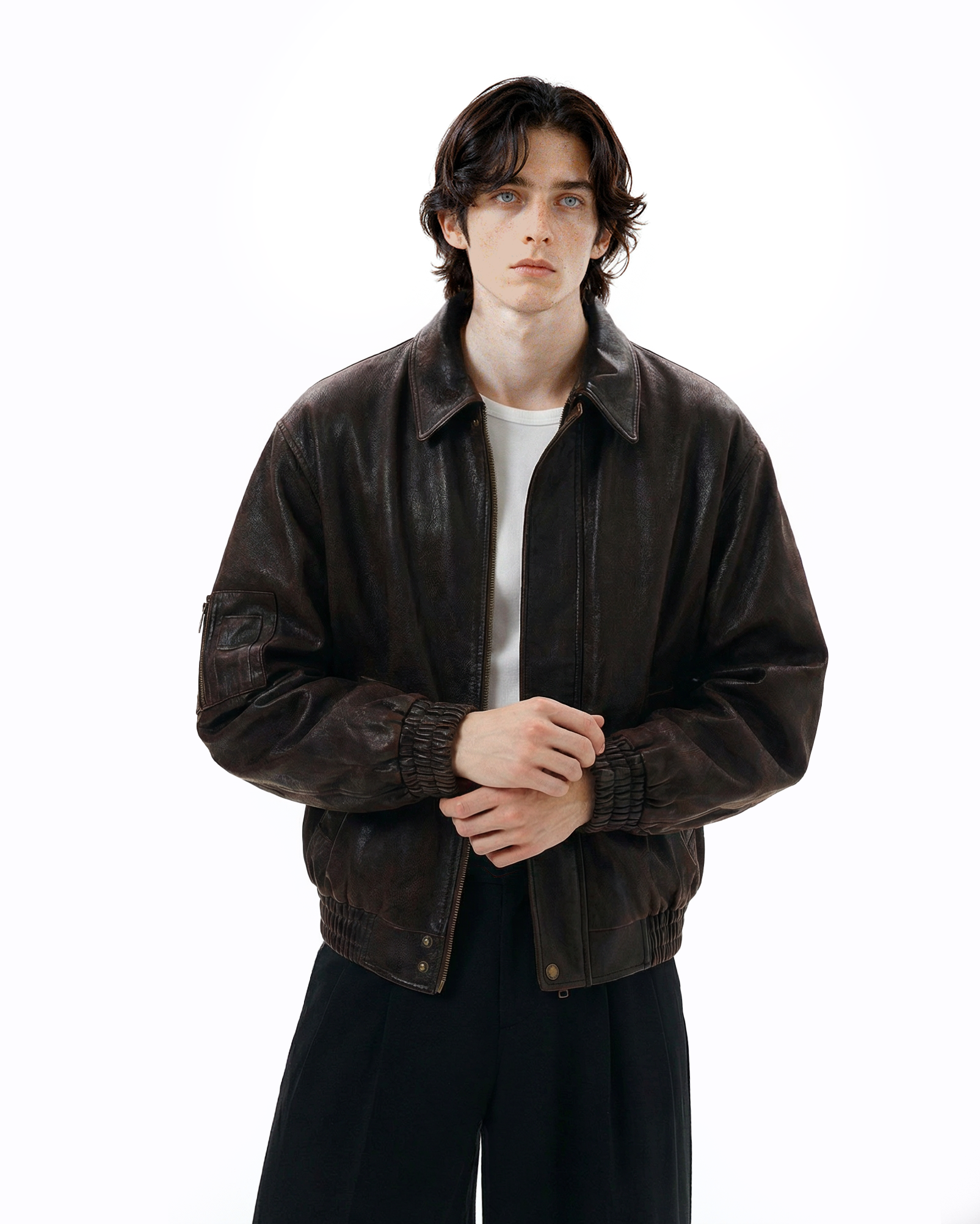 Faux Leather Vintage-Effect Collared Bomber Jacket