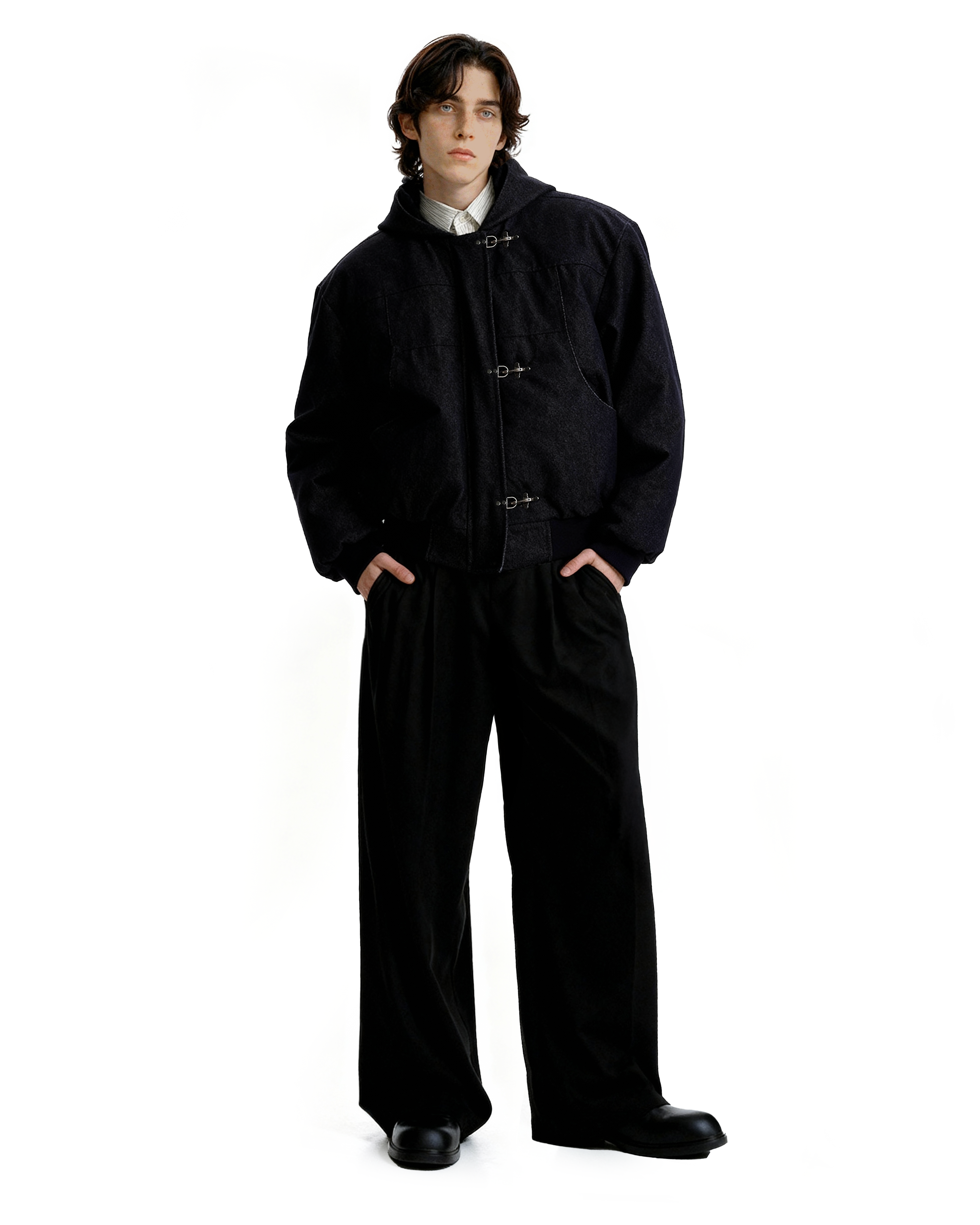 Boxy Fireman Clasp Hooded Dark-Wash Denim Zip Jacket