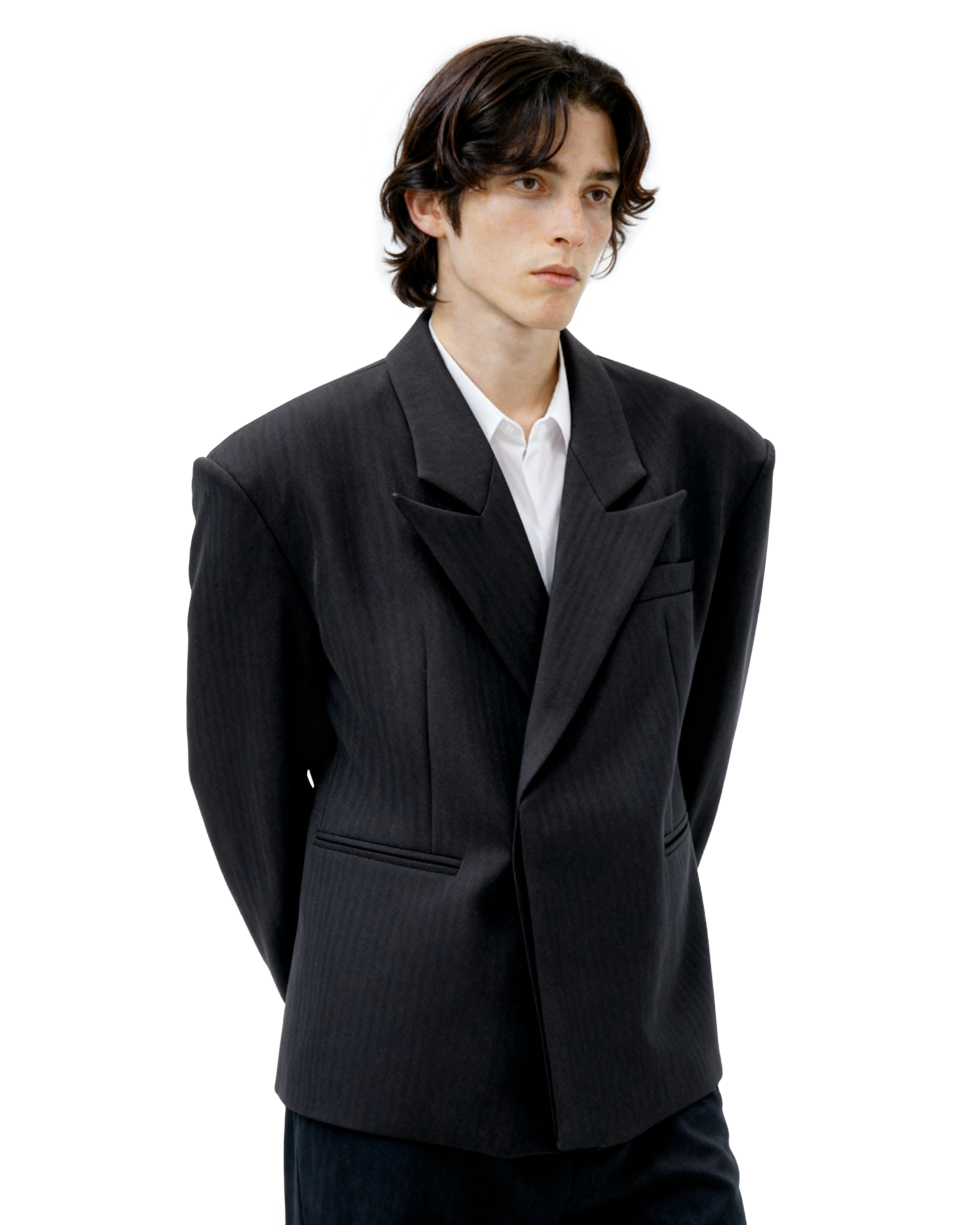 Overlap Stripe-Texture Wide Lapel Blazer and Flare Trousers Suit-3