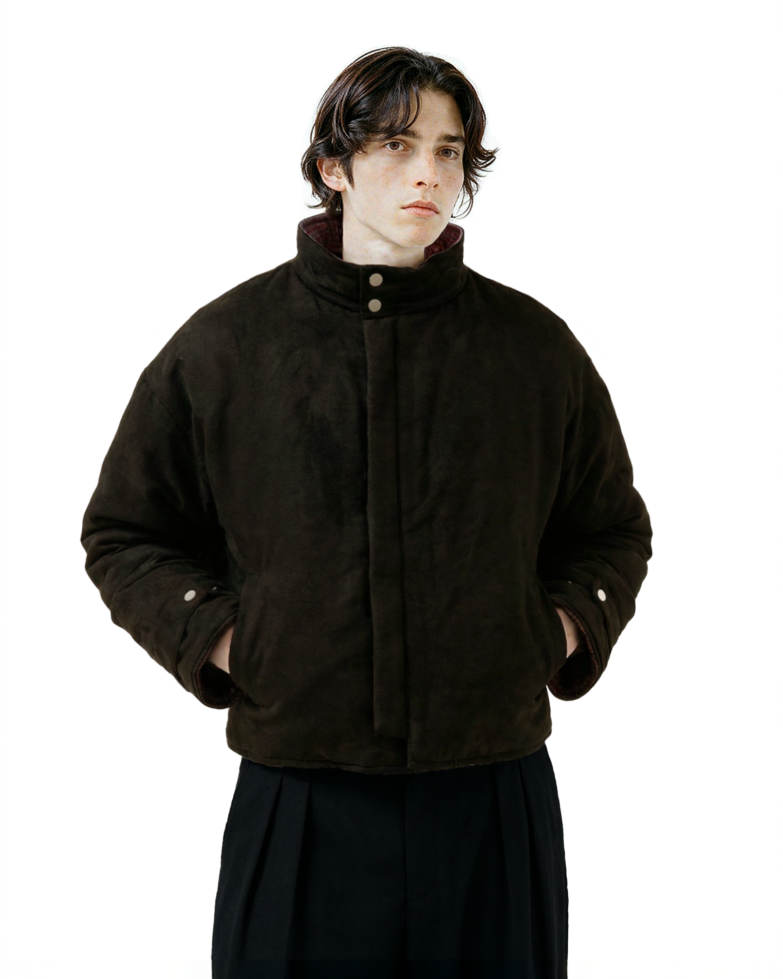 Wide High Collar Plaid Reversible Puffer Jacket-7