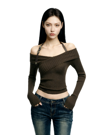 Halter Neck Ribbed Knit Long Sleeve Top - nightcity clothing