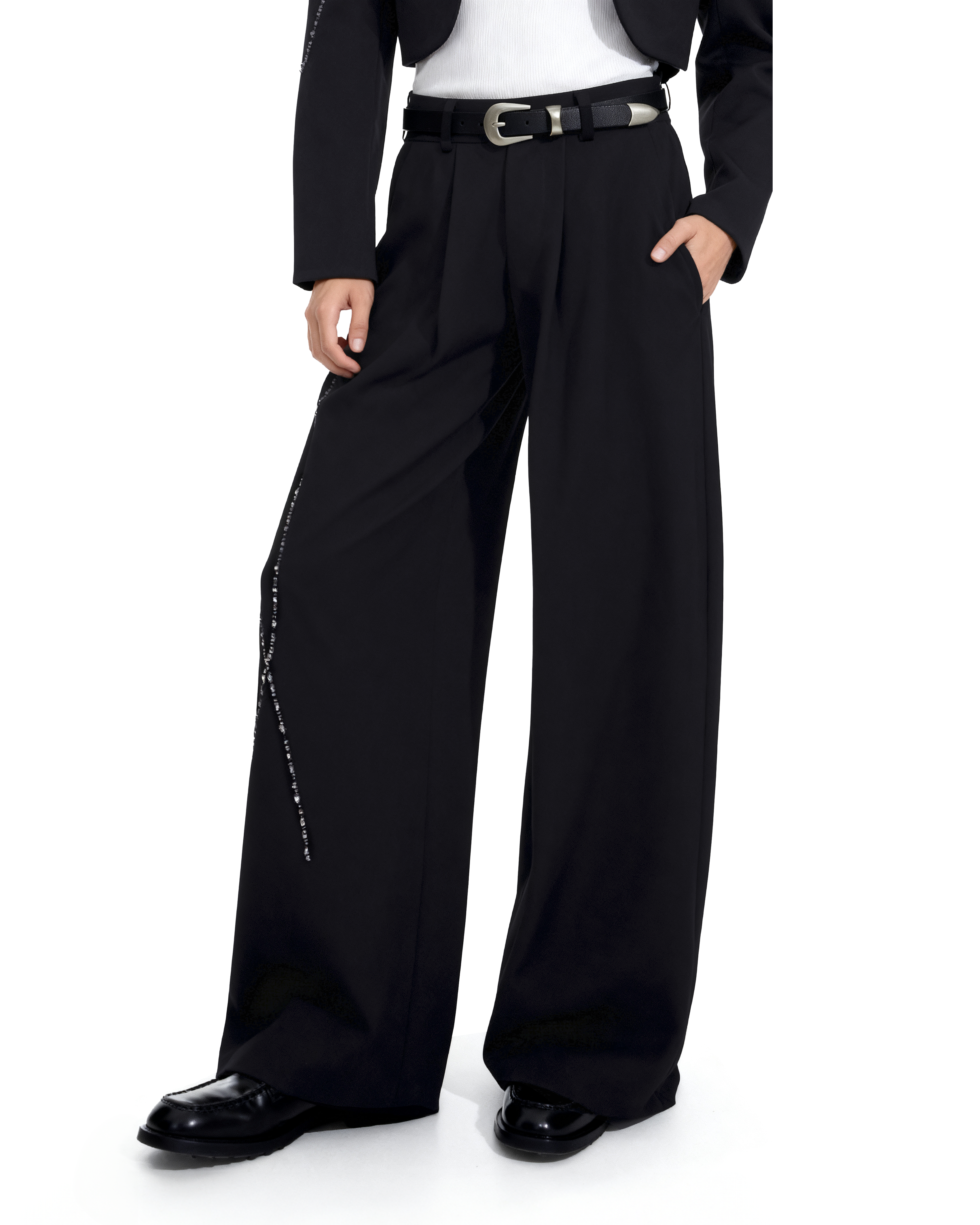 Structured Curve-Panel Cropped Blazer with Embellished Detailing and Wide Leg Pants Two-Piece Set - nightcity clothing