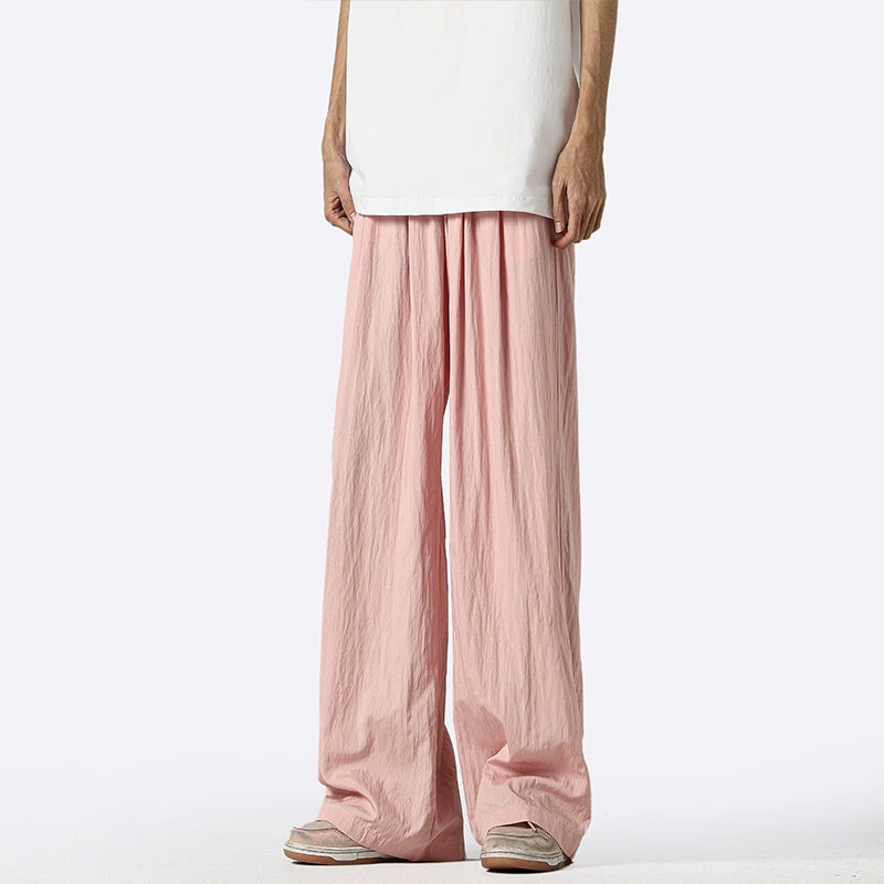 Wide-Leg Elastic Waist Pleated Trousers