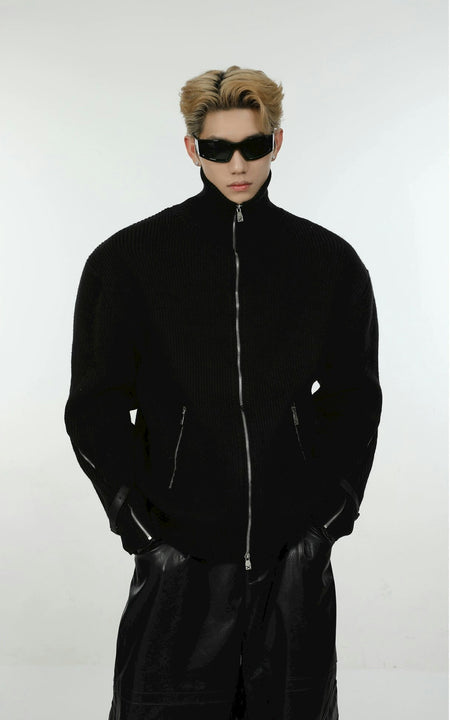 Ribbed Zip-Up High-Neck Knit Sweatshirt