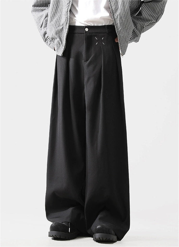 Pleated Wide-Leg Trousers with Stitch Detail