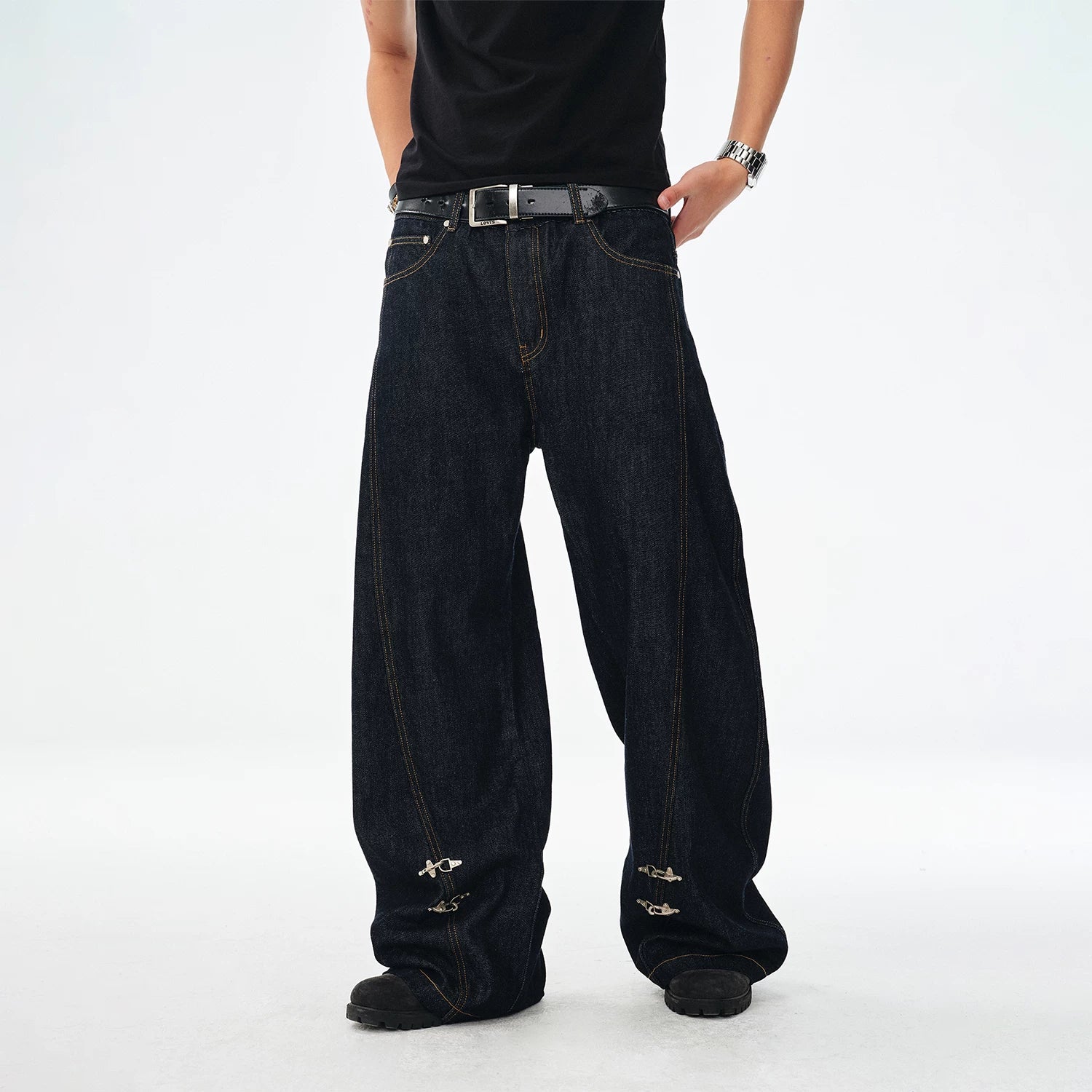Contrast Stitch Wide Jeans with Fireman Buckle Accents