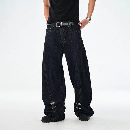 Contrast Stitch Wide Jeans with Fireman Buckle Accents - nightcity clothing