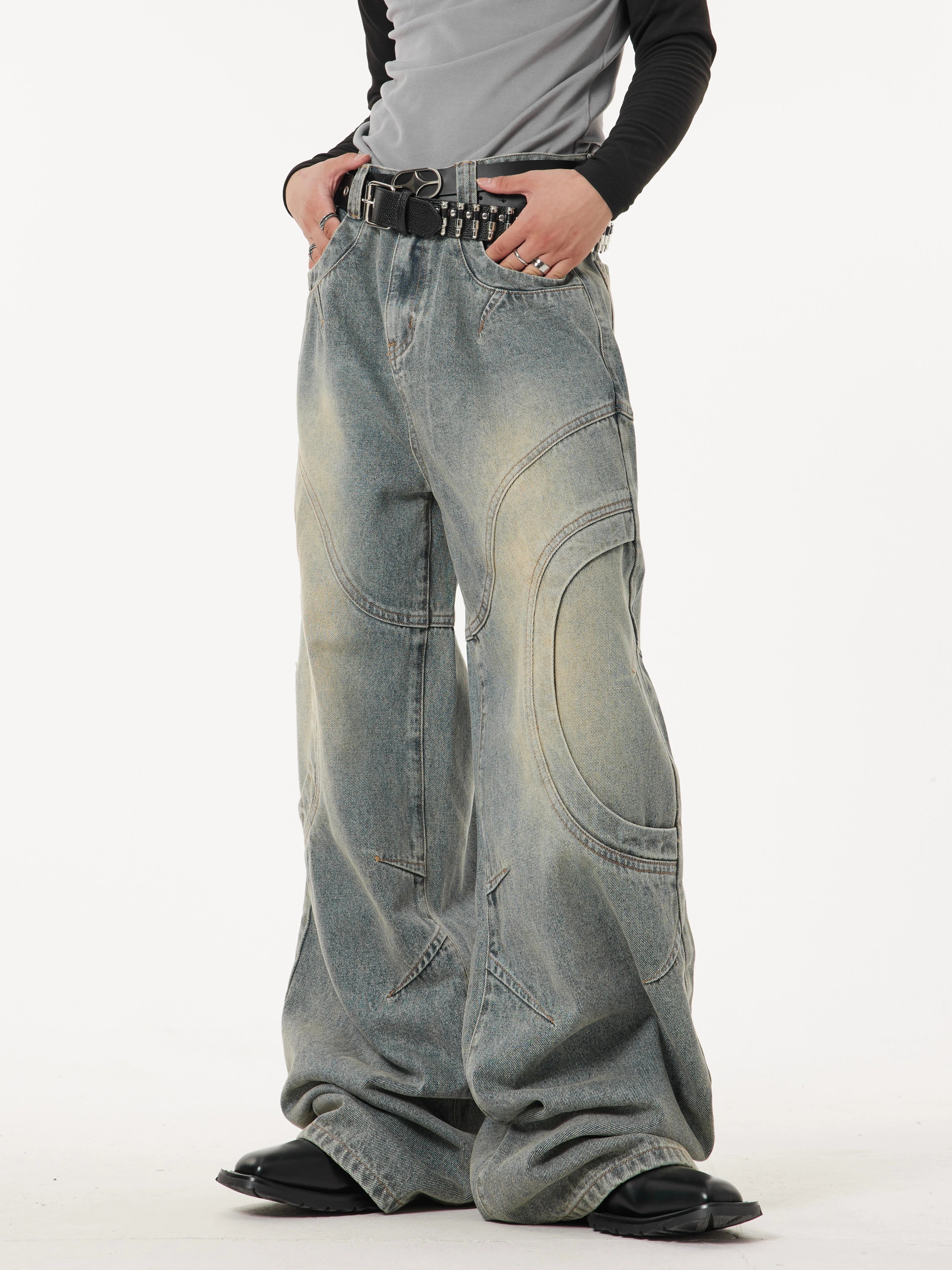 Sandblast Faded Wave-Curve Stitch Wide Leg Jeans