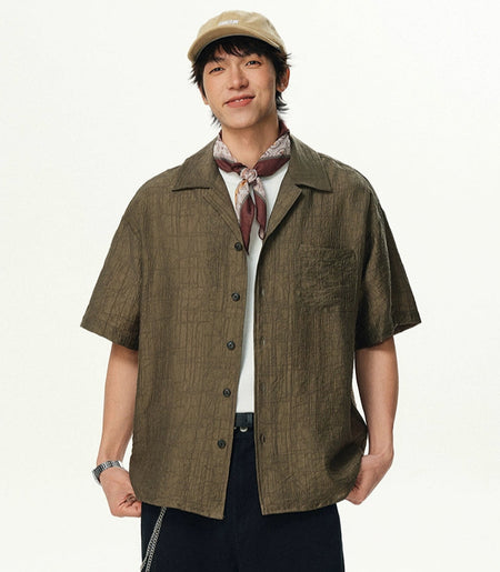 Textured Crinkle Short Sleeve Camp Collar Shirt