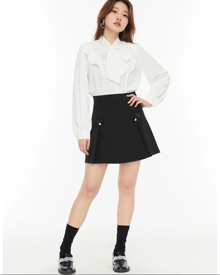 Pleated Mini Skirt with Bow and Faux Pearl Accents