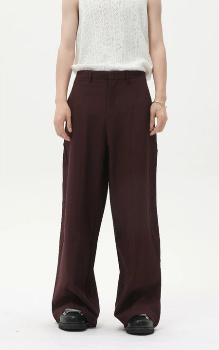 Wide Leg Pleated Tailored Trousers with Stitching Details