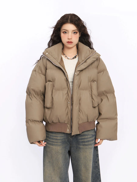 Puffer Jacket with Stand Collar and Elastic Hem