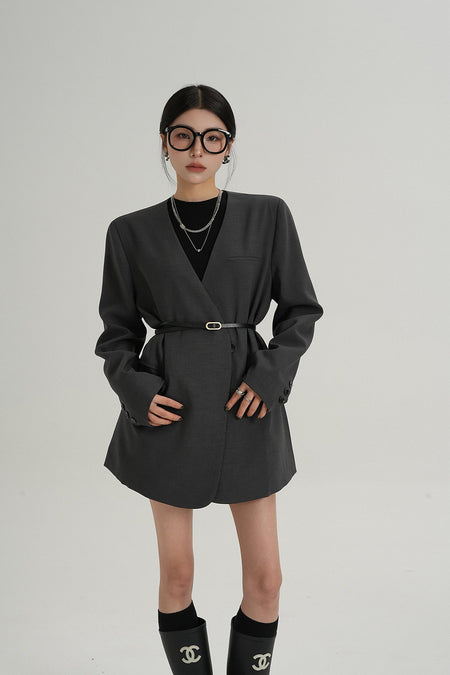 Oversized Lapelless Single-Button Blazer with Belt