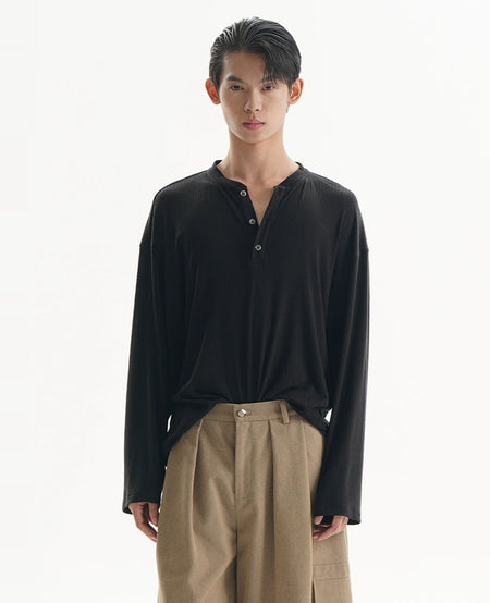 Textured Long Sleeve Lightweight Henley Top - nightcity clothing