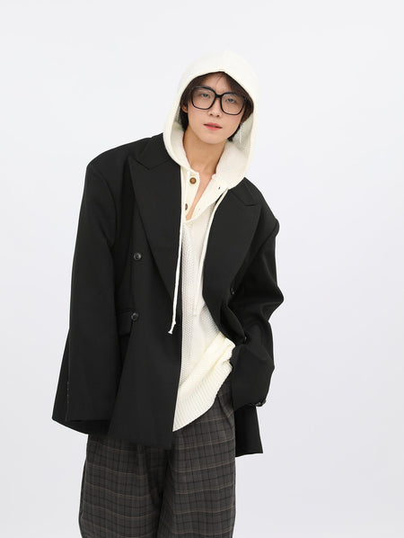 Oversized Double-Breasted Tailored Blazer with Lapel Detail