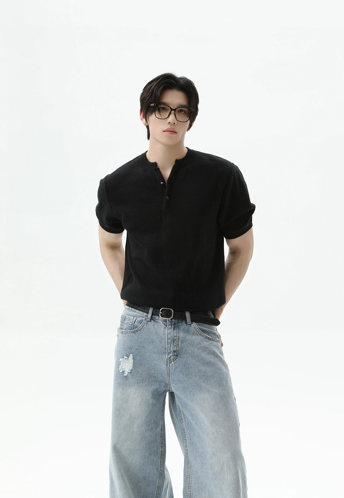 Textured Knit Henley Top with Split Neckline