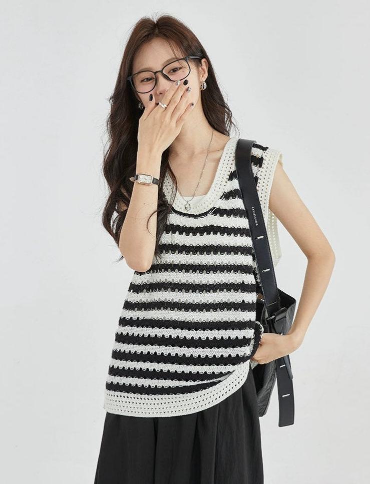 Open Knit Stripe Sweater Vest