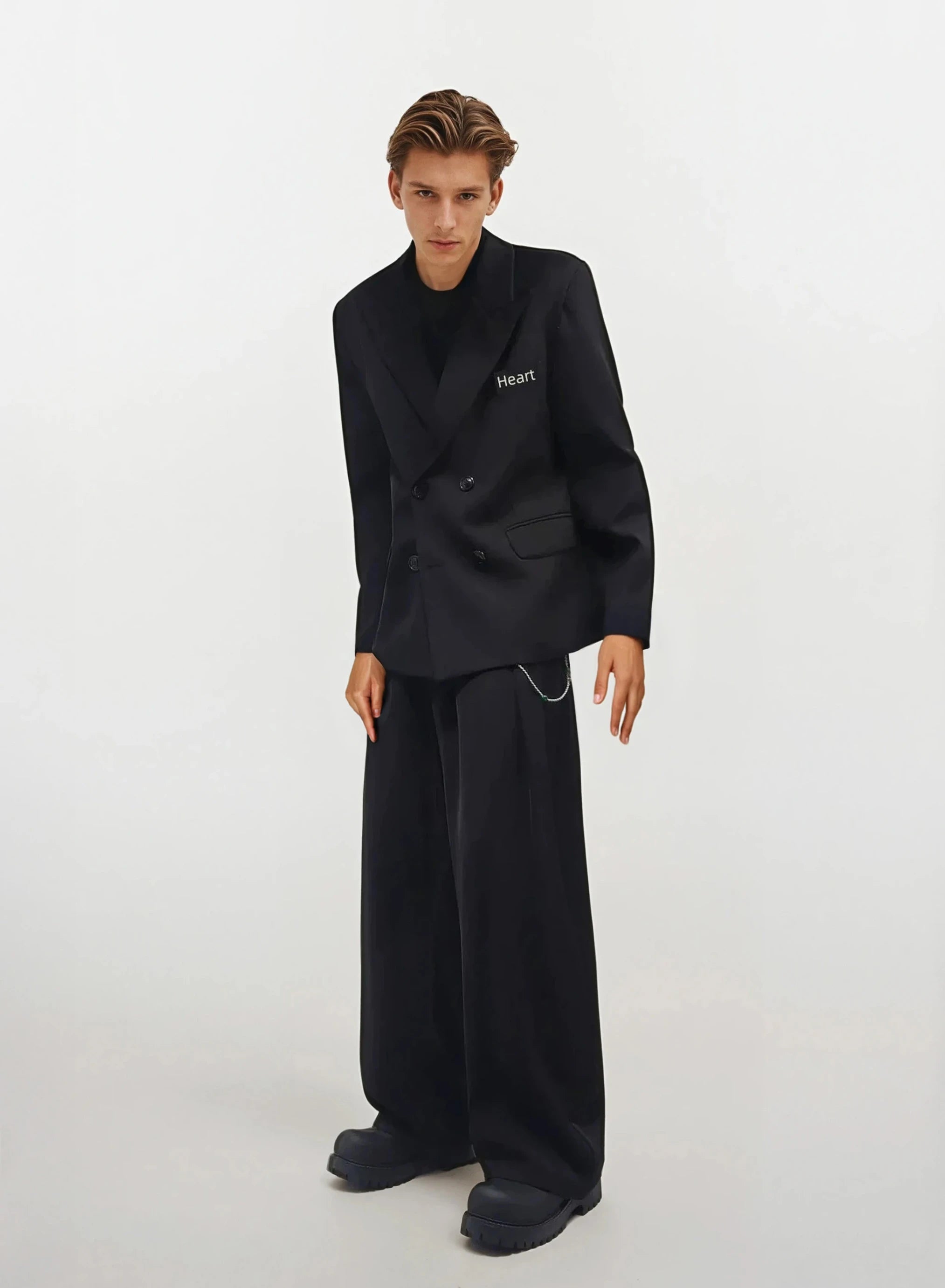 Oversized Snake-Brooch Wide Lapel Blazer and Pleated Pants Two-Piece Set