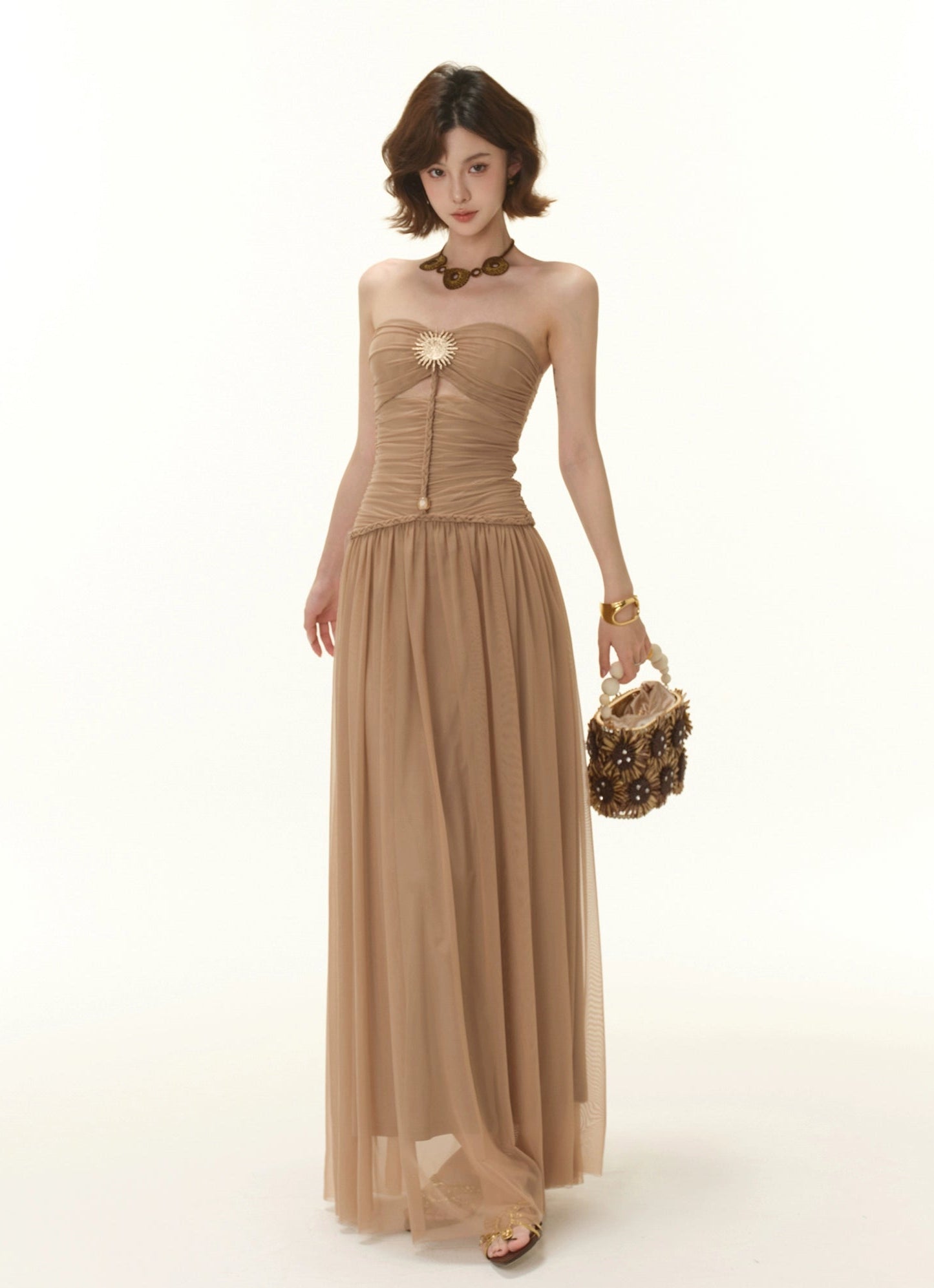 Strapless Ruched Maxi Dress with Sheer Overlay and Brooch