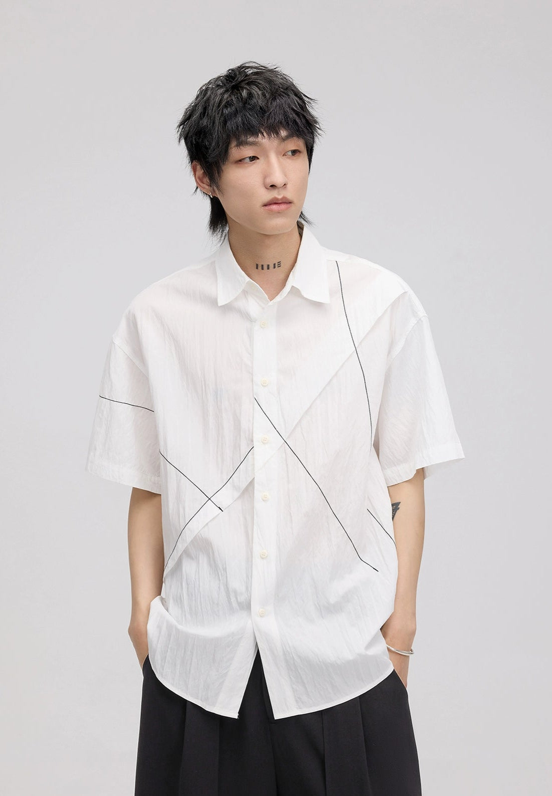 Asymmetrical Stitch Accent Short Sleeve Button Shirt
