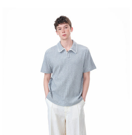 Cable Knit Short Sleeve Polo Shirt with Contrast Trim Collar