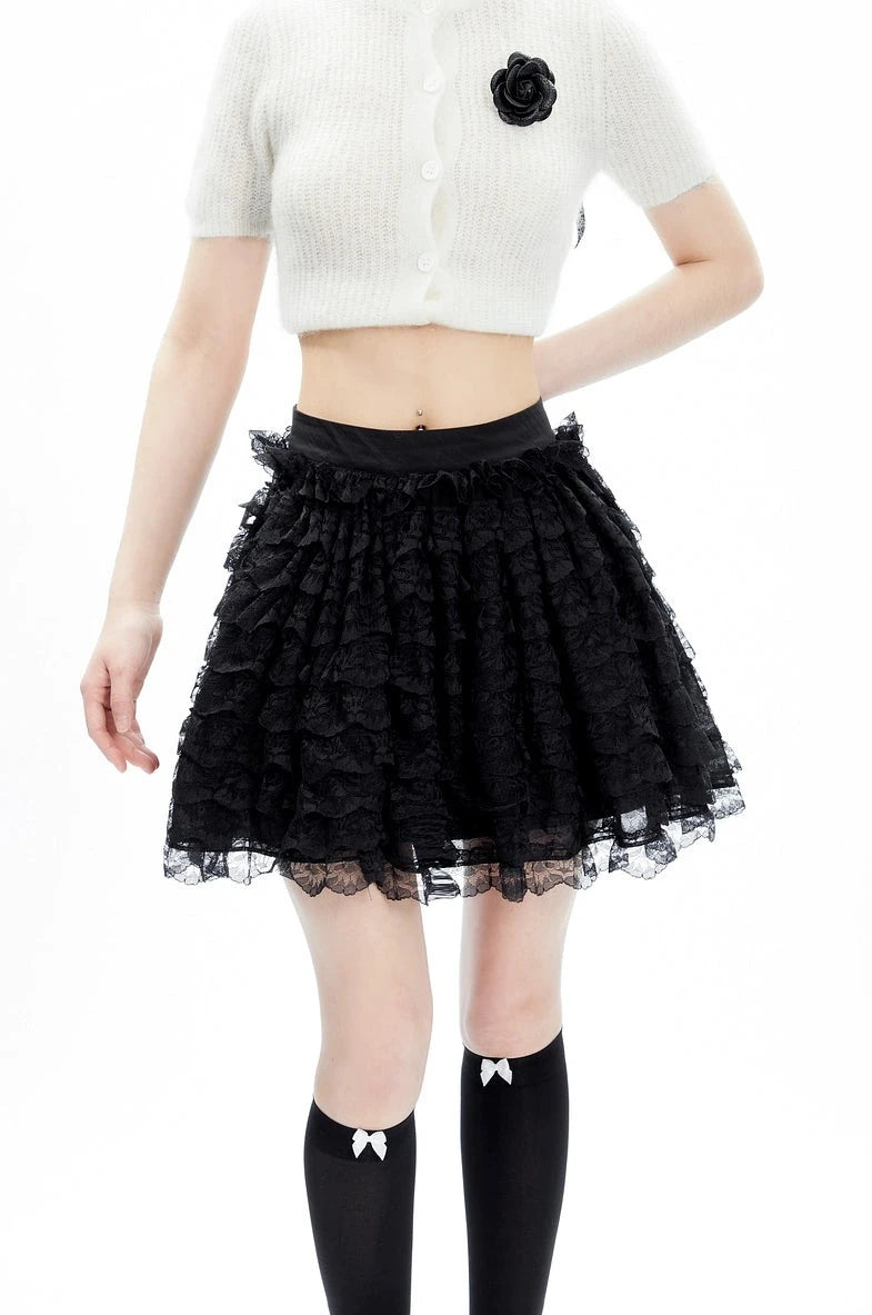 Layered Ruffle Lace Mini Skirt with Elastic Waistband