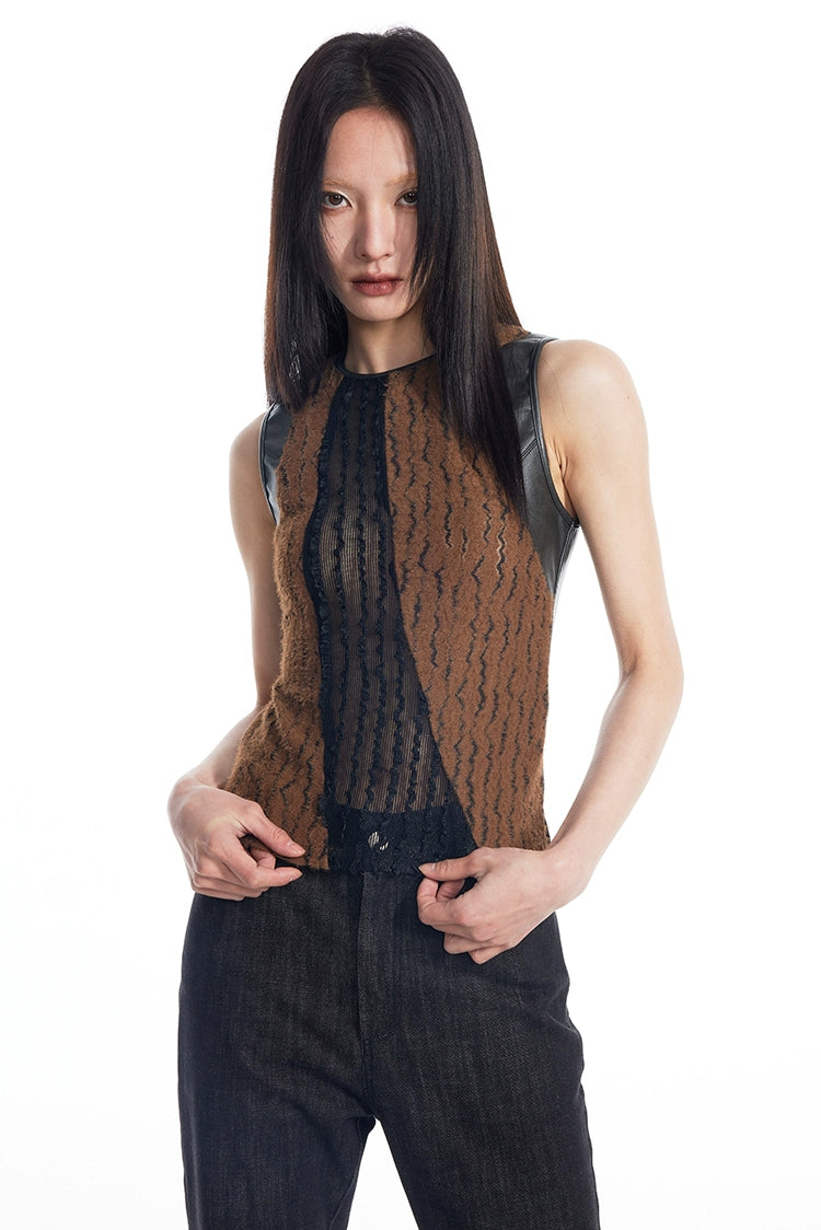 Sheer Lace Leather Patchwork Sleeveless Top