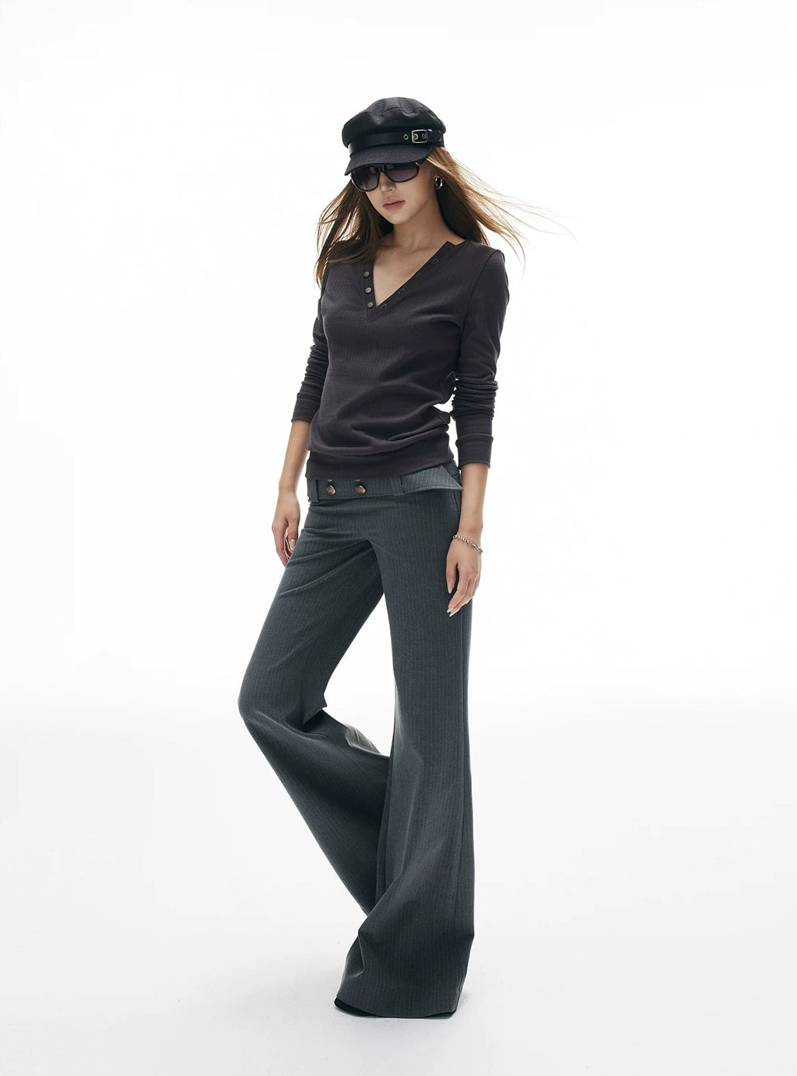 Wide Belt Flare Pinstripe Low-Waisted Pants