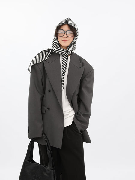 Oversized Double-Breasted Tailored Blazer with Lapel Detail